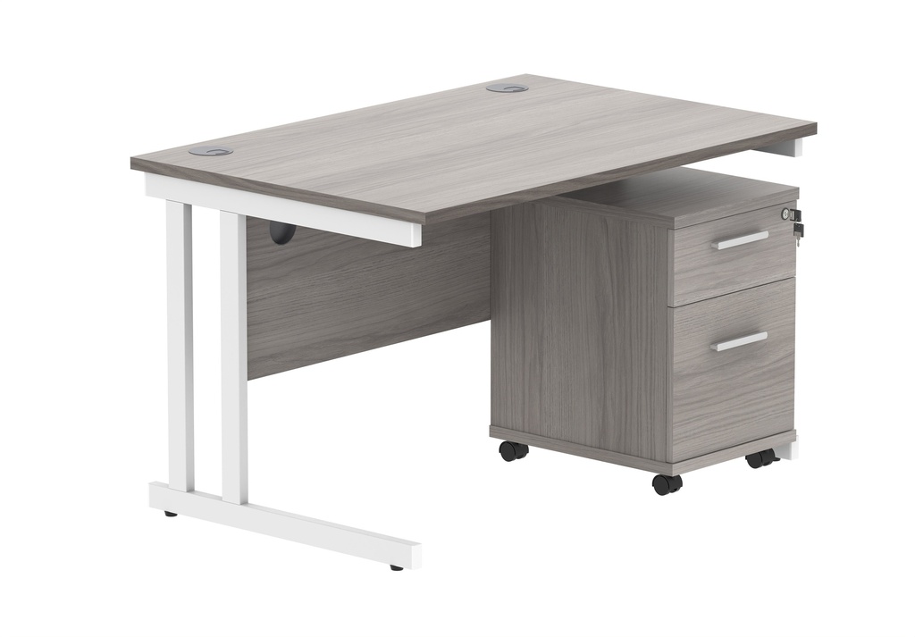 Double Upright Rectangular Desk + 2 Drawer Mobile Under Desk Pedestal (FSC) | 1200X800 | Alaskan Grey Oak/White
