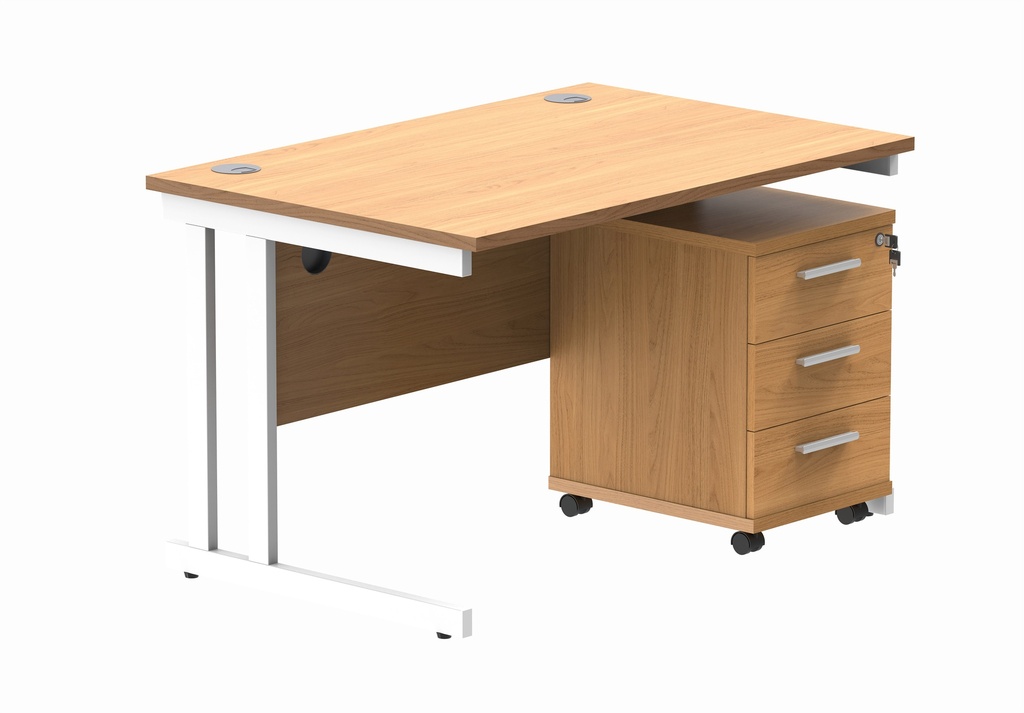 Double Upright Rectangular Desk + 3 Drawer Mobile Under Desk Pedestal (FSC) | 1200X800 | Norwegian Beech/White