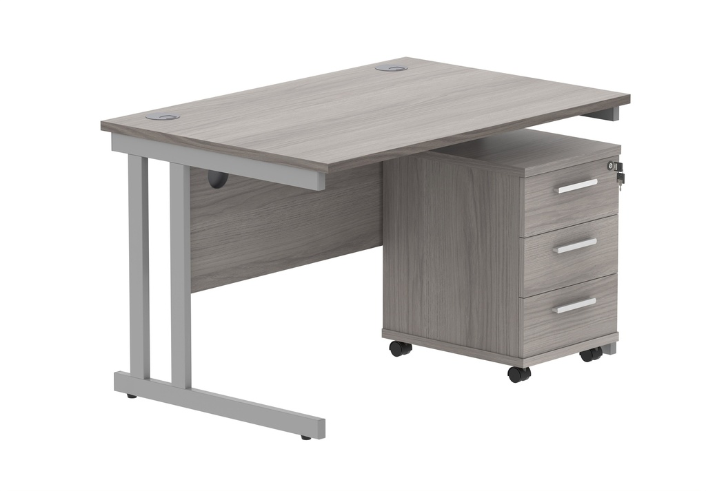 Double Upright Rectangular Desk + 3 Drawer Mobile Under Desk Pedestal (FSC) | 1200X800 | Alaskan Grey Oak/Silver