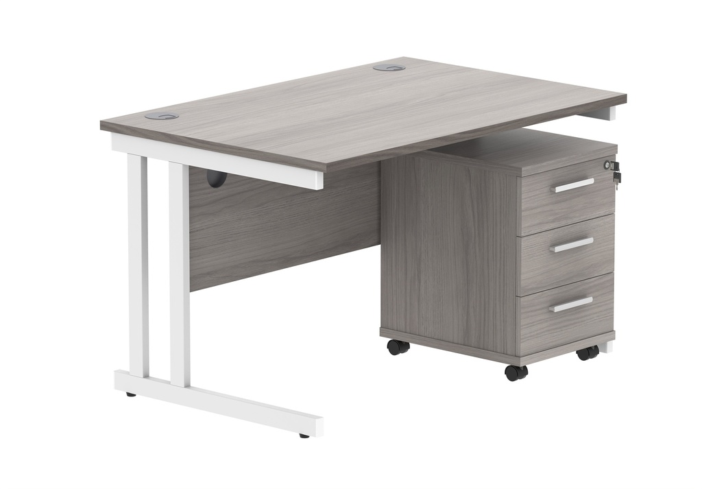 Double Upright Rectangular Desk + 3 Drawer Mobile Under Desk Pedestal (FSC) | 1200X800 | Alaskan Grey Oak/White