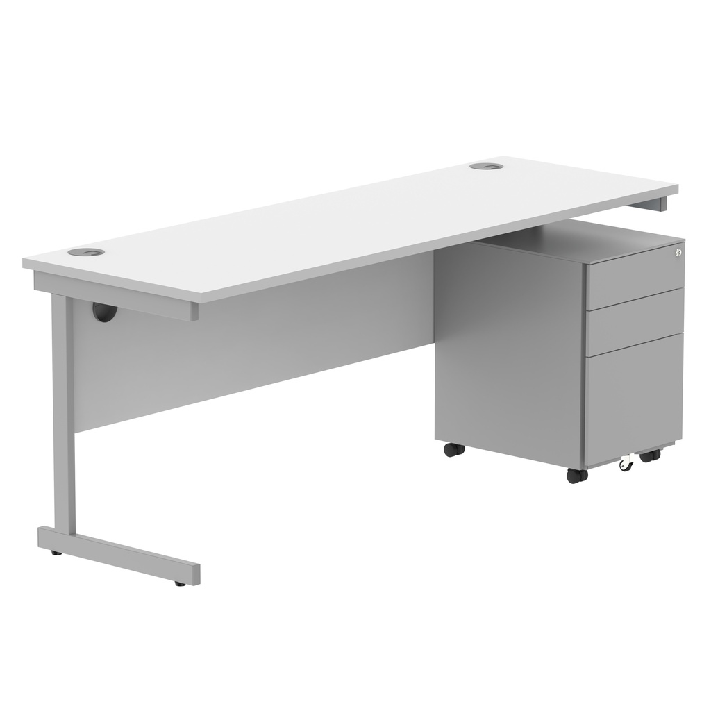 CORE Single Upright Rectangular Desk + Under Desk Steel Pedestal 3 Drawers (FSC) | 1800 X 600 | Arctic White/Silver