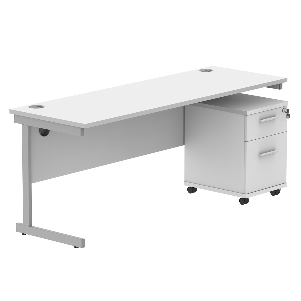 Single Upright Rectangular Desk + 2 Drawer Mobile Under Desk Pedestal (FSC) | 1800 X 600 | Arctic White/Silver