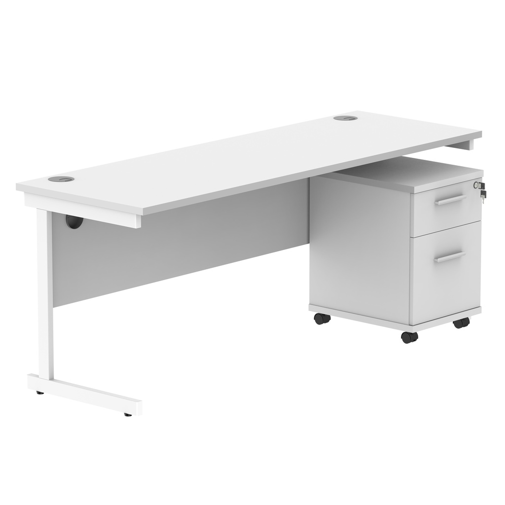 Single Upright Rectangular Desk + 2 Drawer Mobile Under Desk Pedestal (FSC) | 1800 X 600 | Arctic White/White