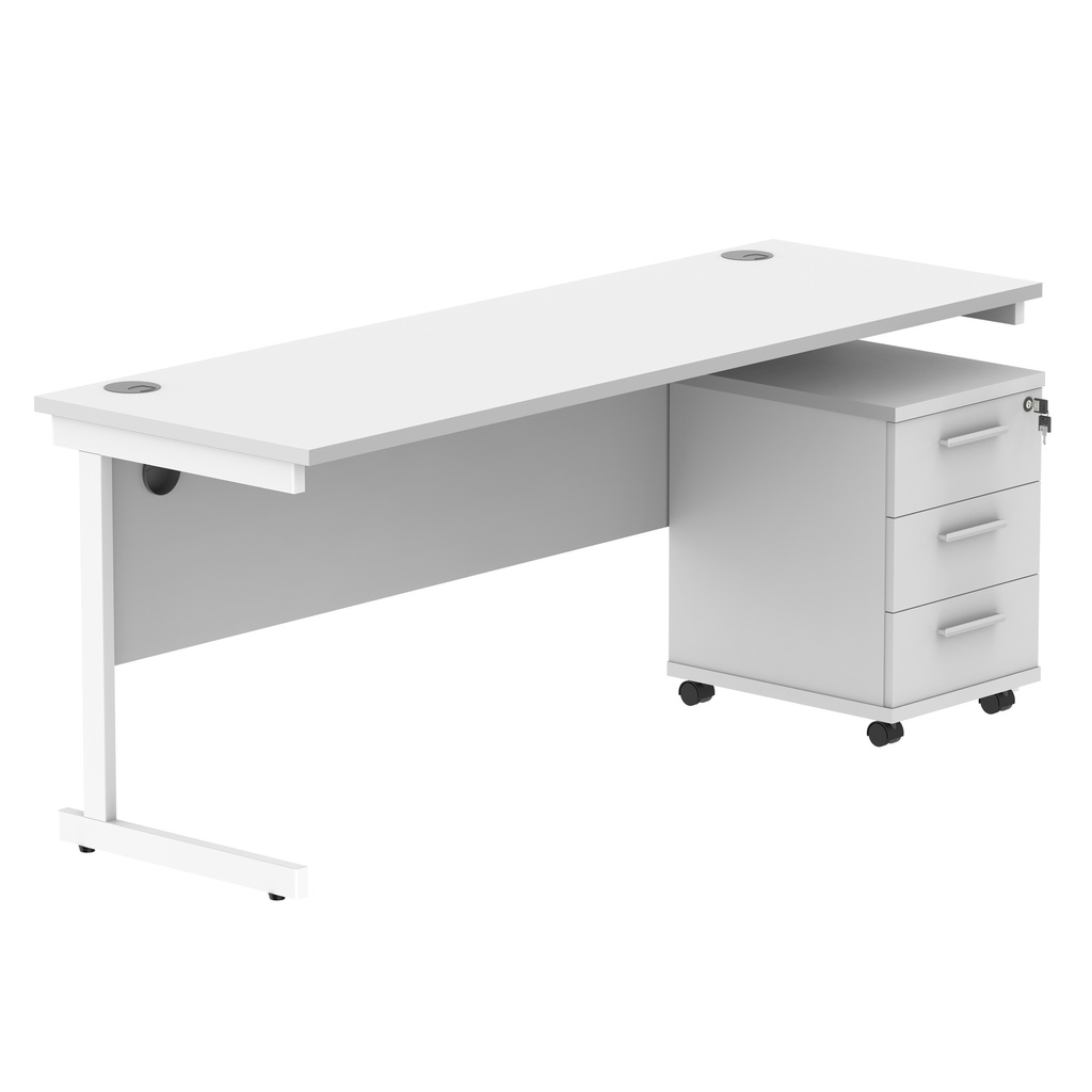 Single Upright Rectangular Desk + 3 Drawer Mobile Under Desk Pedestal (FSC) | 1800 X 600 | Arctic White/White