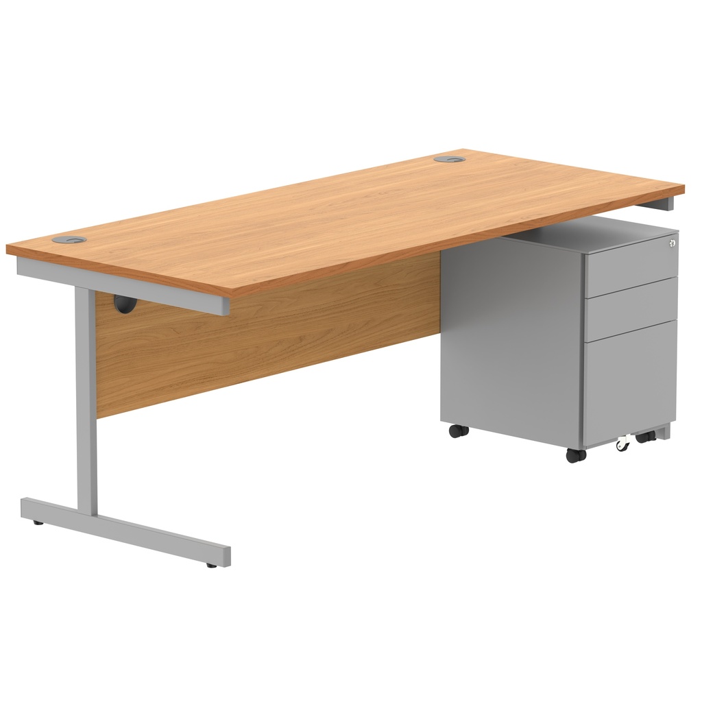 CORE Single Upright Rectangular Desk + Under Desk Steel Pedestal 3 Drawers (FSC) | 1800 X 800 | Norwegian Beech/Silver