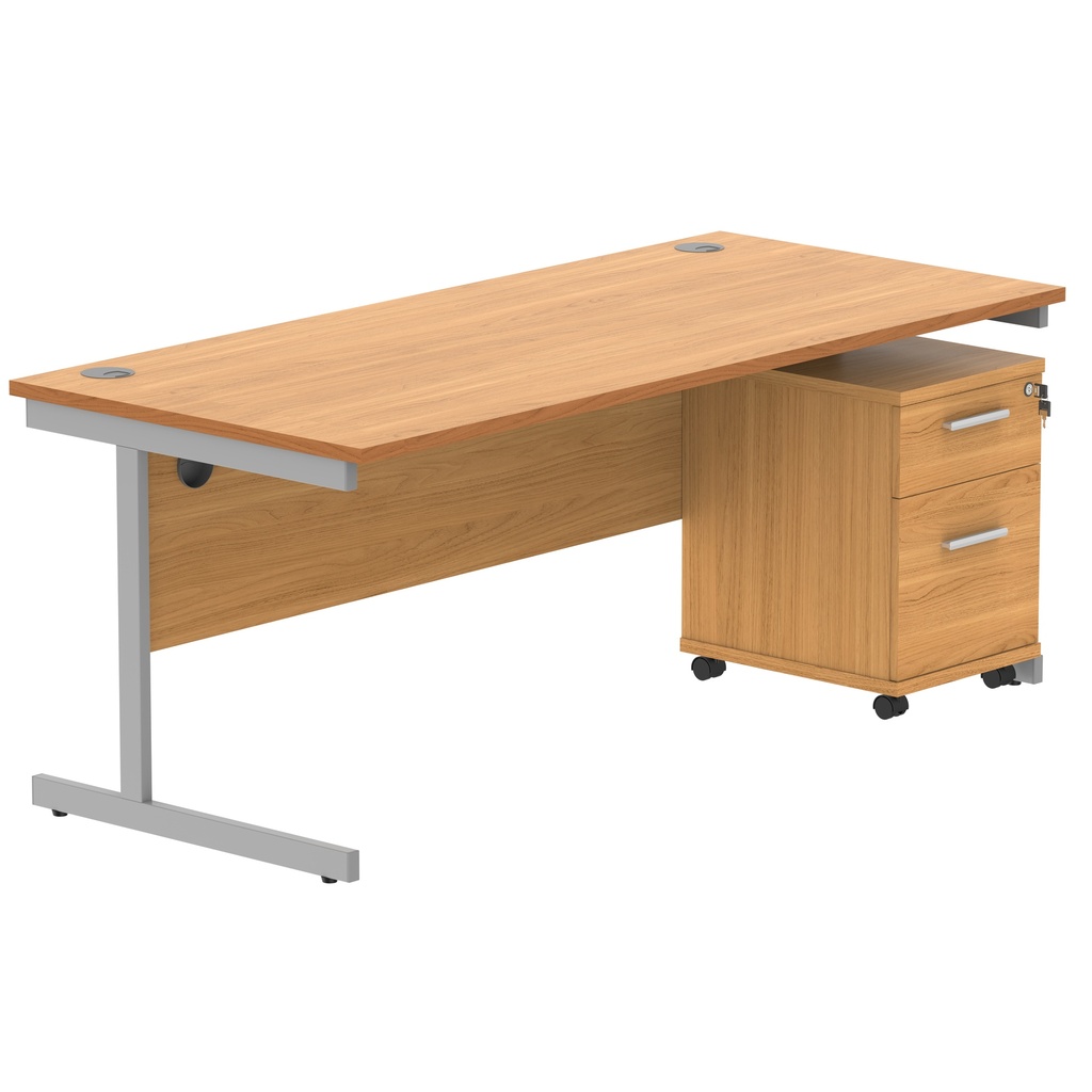 Single Upright Rectangular Desk + 2 Drawer Mobile Under Desk Pedestal (FSC) | 1800 X 800 | Norwegian Beech/Silver