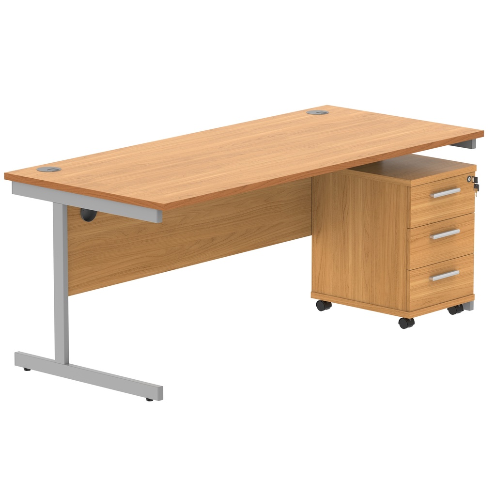 Single Upright Rectangular Desk + 3 Drawer Mobile Under Desk Pedestal (FSC) | 1800 X 800 | Norwegian Beech/Silver
