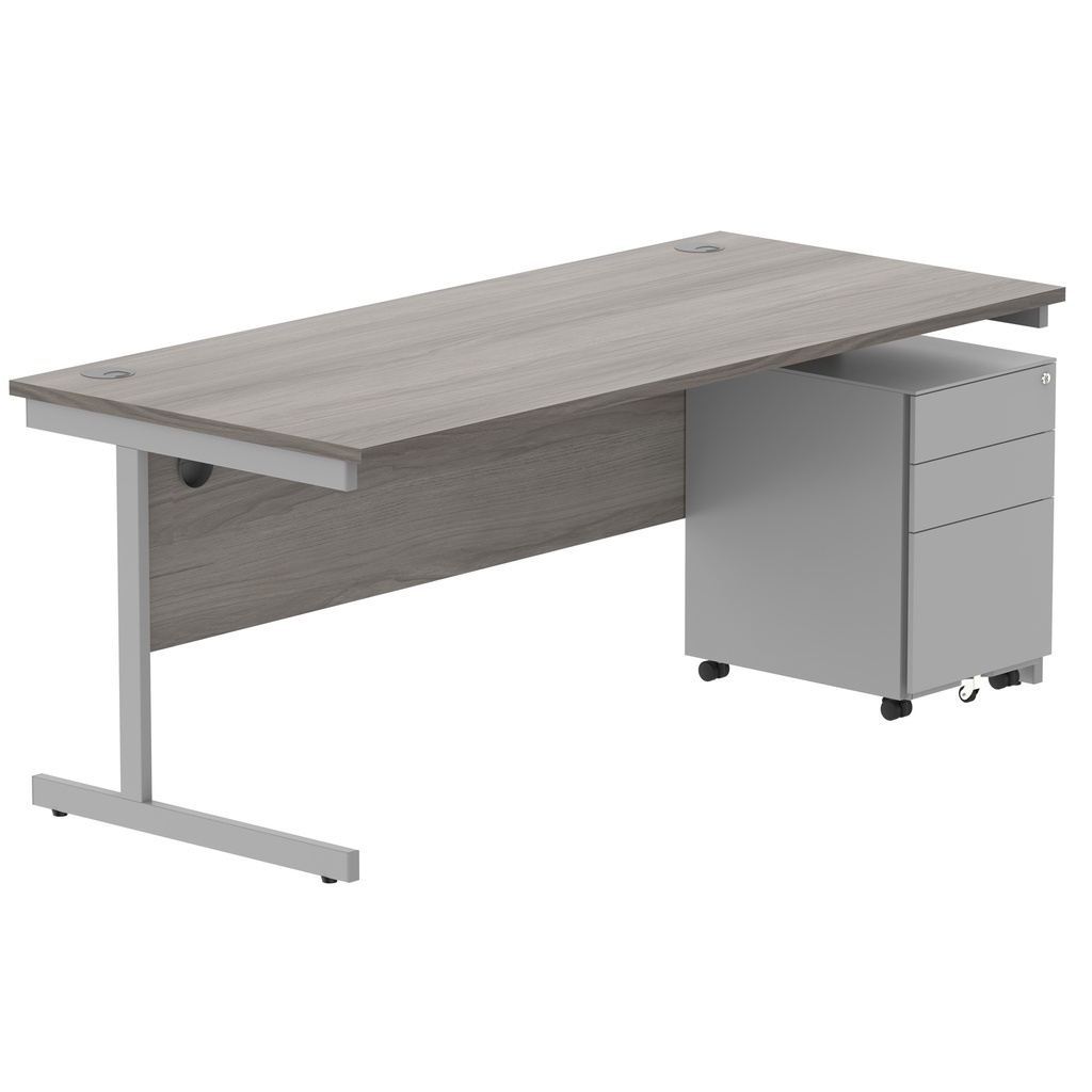 CORE Single Upright Rectangular Desk + Under Desk Steel Pedestal 3 Drawers (FSC) | 1800 X 800 | Alaskan Grey Oak/Silver
