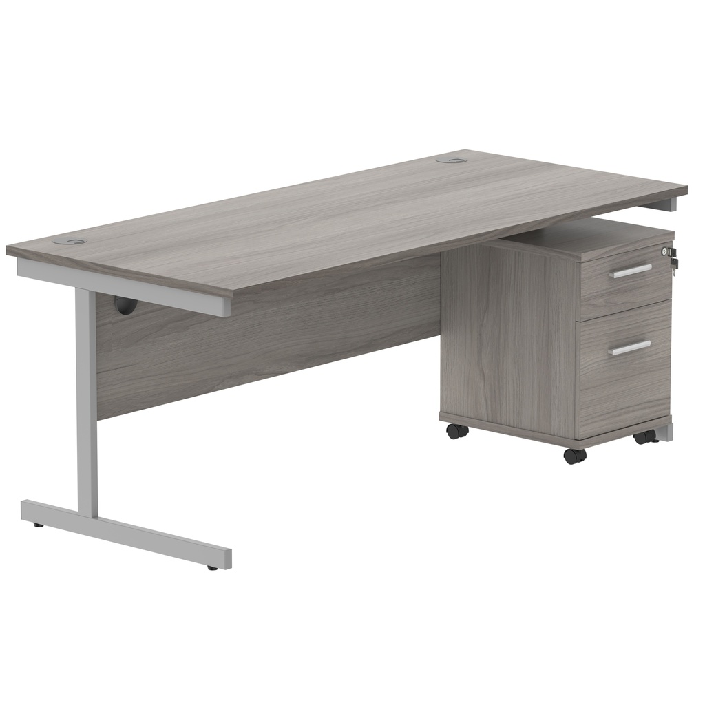 Single Upright Rectangular Desk + 2 Drawer Mobile Under Desk Pedestal (FSC) | 1800 X 800 | Alaskan Grey Oak/Silver