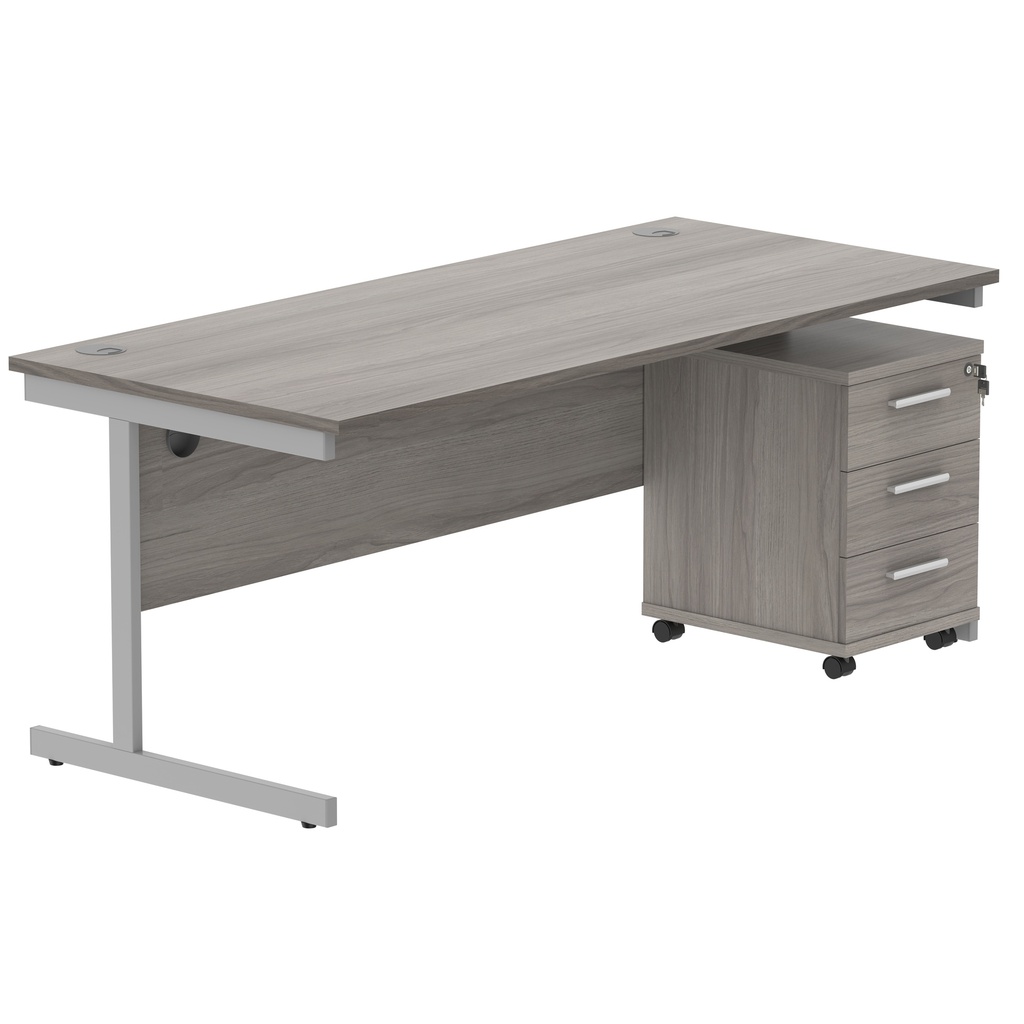 Single Upright Rectangular Desk + 3 Drawer Mobile Under Desk Pedestal (FSC) | 1800 X 800 | Alaskan Grey Oak/Silver