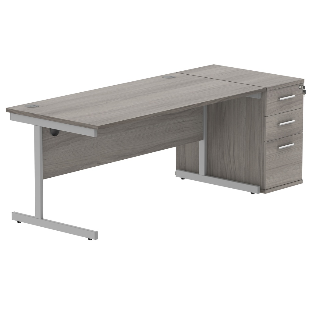 Single Upright Rectangular Desk + Desk High Pedestal (FSC) | 1800 X 800 | Alaskan Grey Oak/Silver