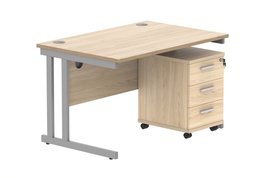 [COREBUNDU1280OKSV3] Double Upright Rectangular Desk + 3 Drawer Mobile Under Desk Pedestal (FSC) | 1200X800 | Canadian Oak/Silver