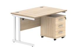 [COREBUNDU1280OKWH3] Double Upright Rectangular Desk + 3 Drawer Mobile Under Desk Pedestal (FSC) | 1200X800 | Canadian Oak/White