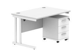 [COREBUNDU1280WHTWH3] Double Upright Rectangular Desk + 3 Drawer Mobile Under Desk Pedestal (FSC) | 1200X800 | Arctic White/White