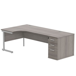 [COREBUNSU1812LDHGOAKSV] Single Upright Left Hand Radial Desk + Desk High Pedestal (FSC) | 800mm Deep Pedestal | 1800 X 1200 | Alaskan Grey Oak/Silver