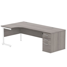 [COREBUNSU1812LDHGOAKWH] Single Upright Left Hand Radial Desk + Desk High Pedestal (FSC) | 800mm Deep Pedestal | 1800 X 1200 | Alaskan Grey Oak/White