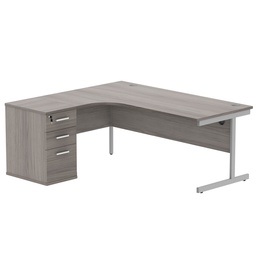 [COREBUNSU1812LGOAKSV] Single Upright Left Hand Radial Desk + Desk High Pedestal (FSC) | 600mm Deep Pedestal | 1800 X 1200 | Alaskan Grey Oak/Silver