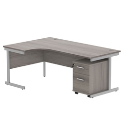 [COREBUNSU1812LGOAKSV2] Single Upright Left Hand Radial Desk + 2 Drawer Mobile Under Desk Pedestal (FSC) | 1800 X 1200 | Alaskan Grey Oak/Silver