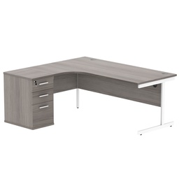 [COREBUNSU1812LGOAKWH] Single Upright Left Hand Radial Desk + Desk High Pedestal (FSC) | 600mm Deep Pedestal | 1800 X 1200 | Alaskan Grey Oak/White