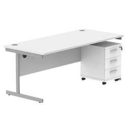 [COREBUNSU1880WHTSV3] Single Upright Rectangular Desk + 3 Drawer Mobile Under Desk Pedestal (FSC) | 1800 X 800 | Arctic White/Silver